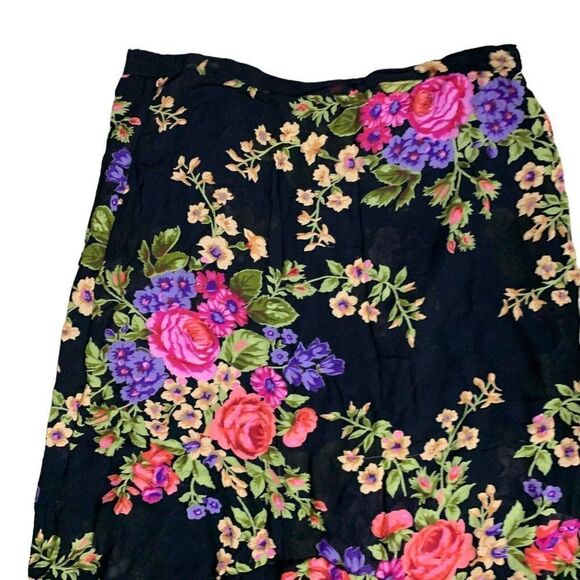 Vintage 90s Reversible Floral Maxi Skirt L Black Blue Elastic Waist Grunge Boho - Picture 2 of 7